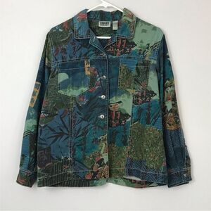 Vintage Chico's Design Asian Print Pattern Long Sleeve Jacket Shacket Top Sz 1